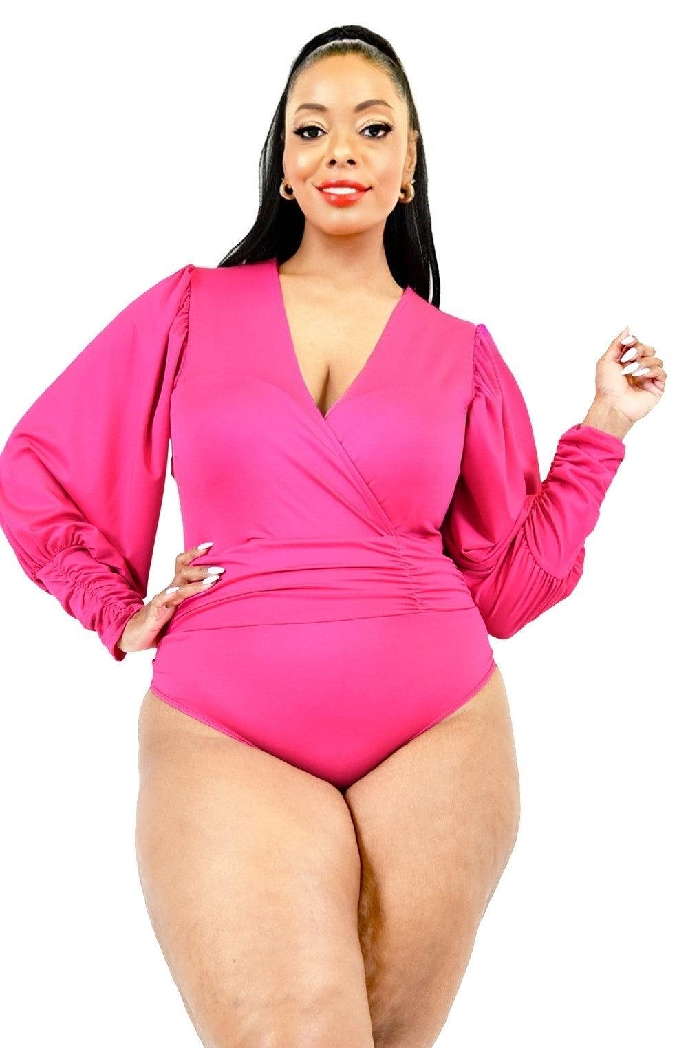 PLUS solid bishop sleeve wrap bodysuit - RK Collections Boutique