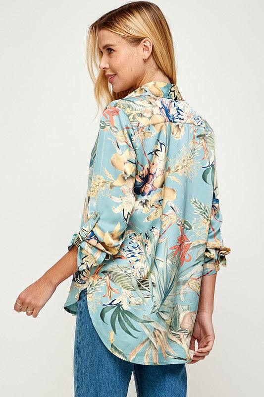 tropical print satin button down shirt - RK Collections Boutique