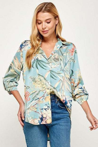 tropical print satin button down shirt - RK Collections Boutique