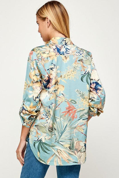 tropical print satin button down shirt - RK Collections Boutique