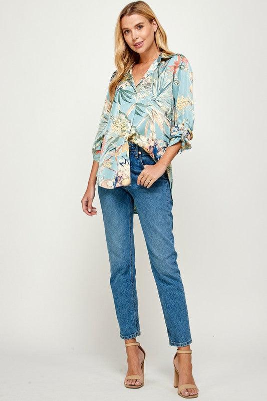 tropical print satin button down shirt - RK Collections Boutique