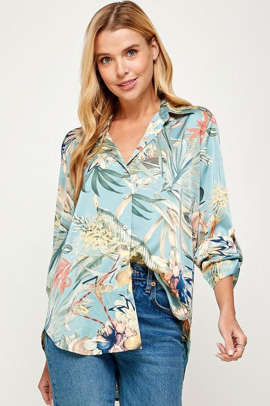 tropical print satin button down shirt - RK Collections Boutique