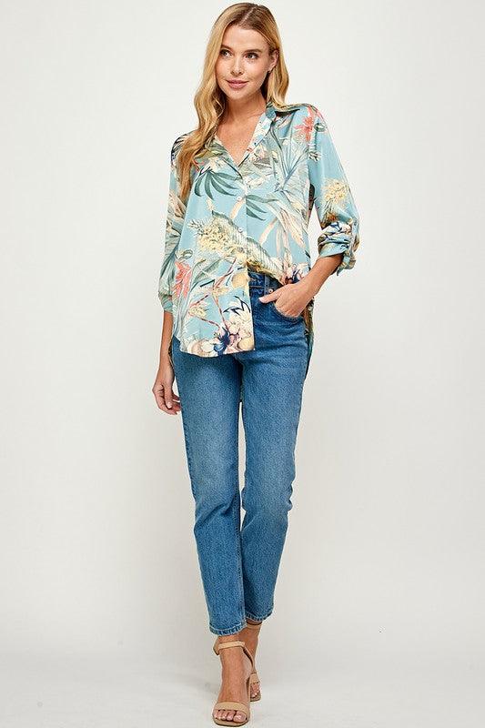 tropical print satin button down shirt - RK Collections Boutique