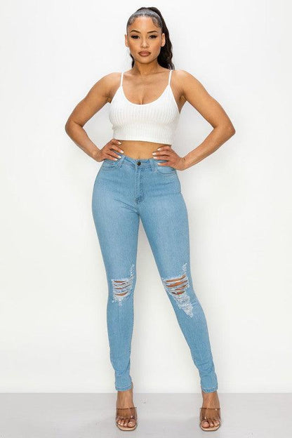 LO-202 High rise stretch ripped knee skinny jeans - RK Collections Boutique