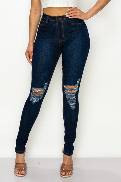 LO-204 High rise stretch ripped knee skinny jeans - RK Collections Boutique