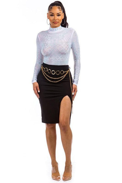 chain belt slit knee length skirt - RK Collections Boutique