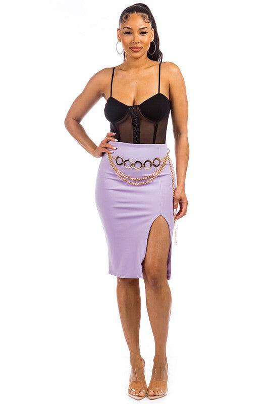 chain belt slit knee length skirt - RK Collections Boutique