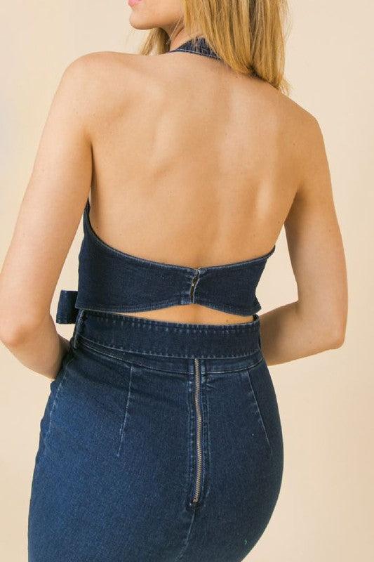 Halter neckline denim jumpsuit - RK Collections Boutique