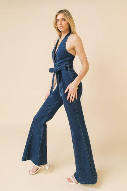 Halter neckline denim jumpsuit - RK Collections Boutique