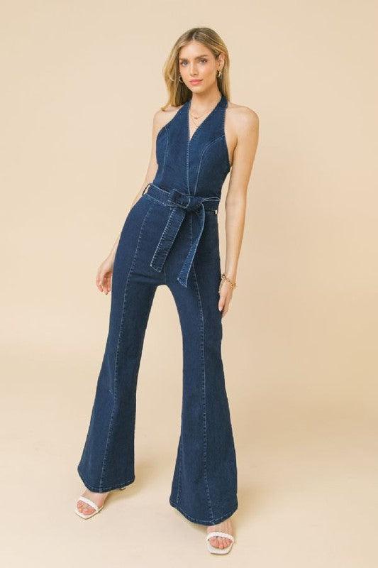 Halter neckline denim jumpsuit - RK Collections Boutique