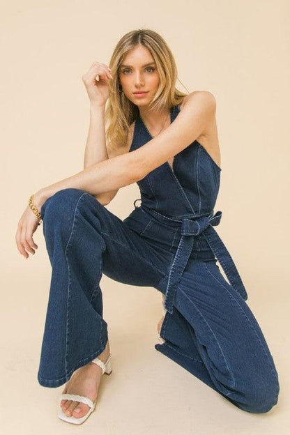 Halter neckline denim jumpsuit - RK Collections Boutique