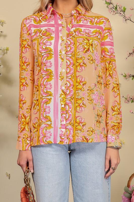 Print chiffon button down shirt - RK Collections Boutique