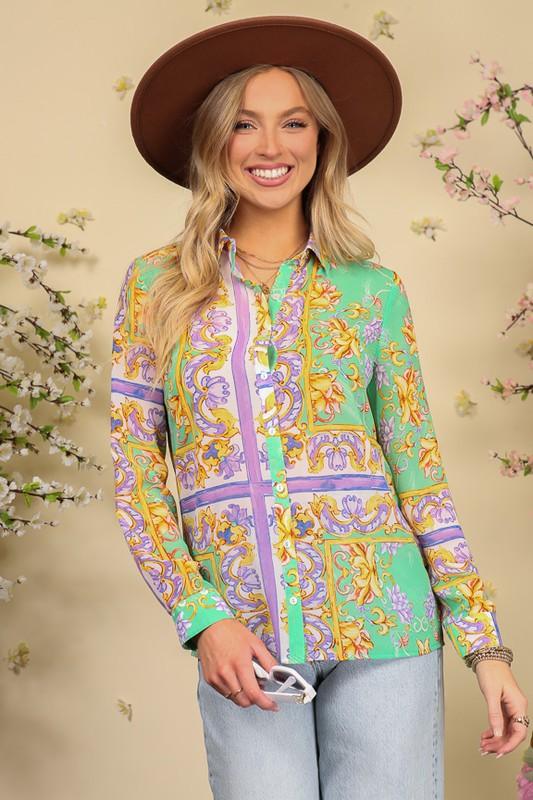 Print chiffon button down shirt - RK Collections Boutique