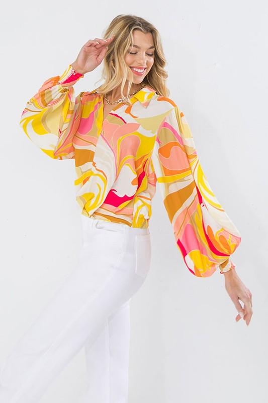 abstract print bubble sleeve button down blouse - RK Collections Boutique