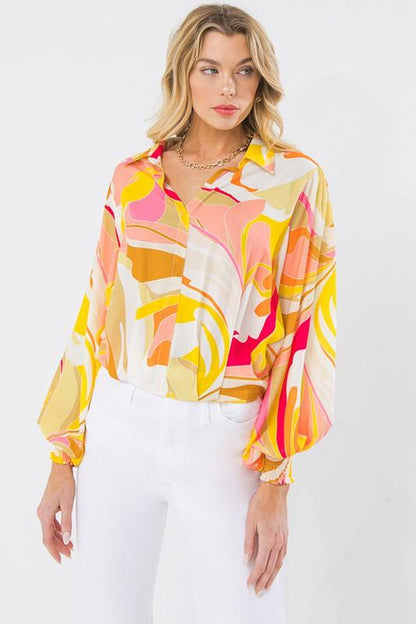 abstract print bubble sleeve button down blouse - RK Collections Boutique