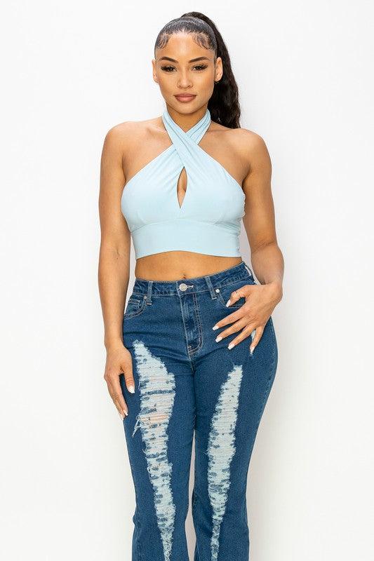 Halter Neck Cutout Solid Crop Top - RK Collections Boutique