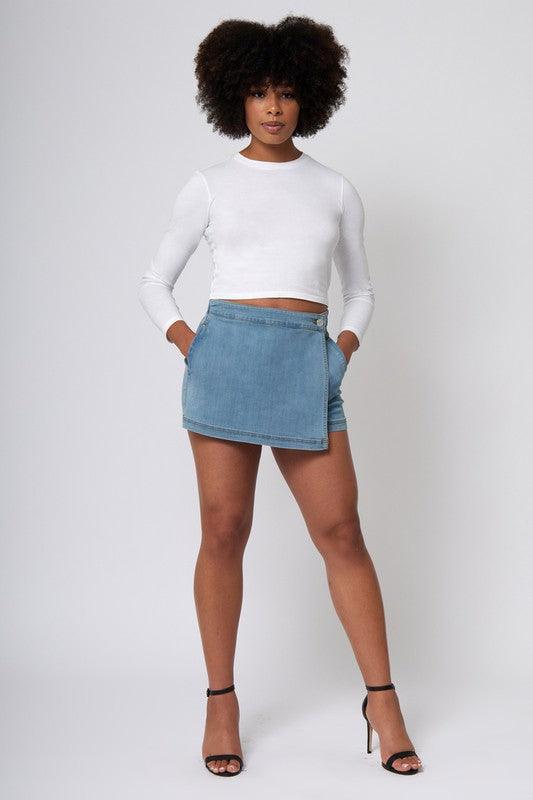 stretch denim wrap front skort - RK Collections Boutique