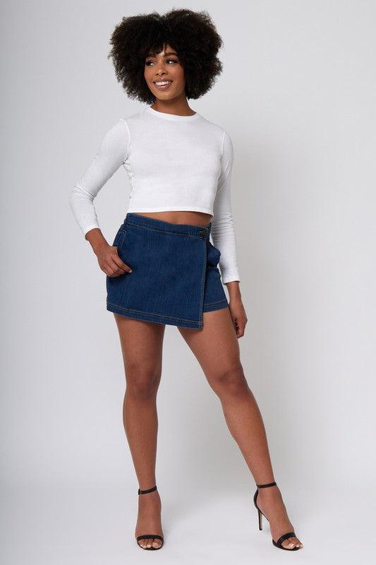 stretch denim wrap front skort - RK Collections Boutique