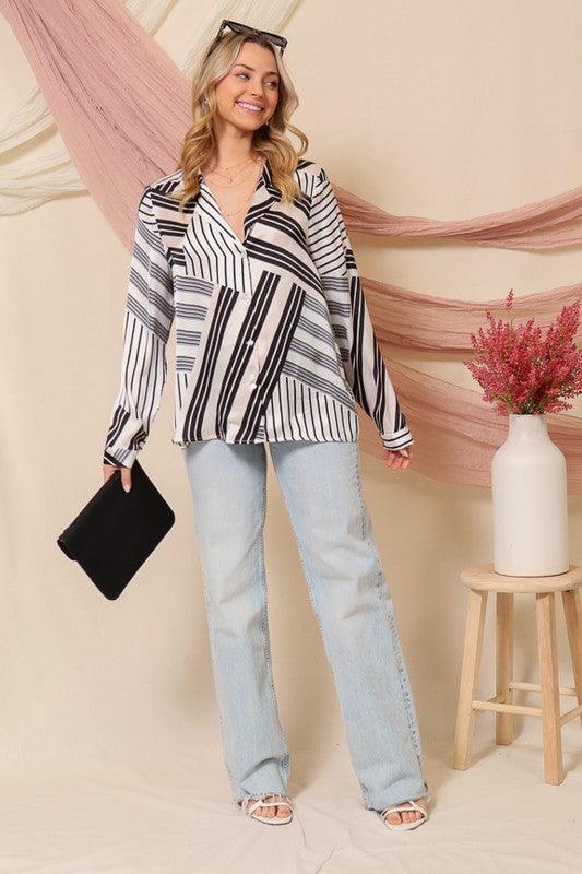 Long Sleeve Abstract Stripes Button Down Shirt - RK Collections Boutique