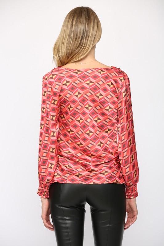 print satin cowl neck long sleeve blouse - RK Collections Boutique