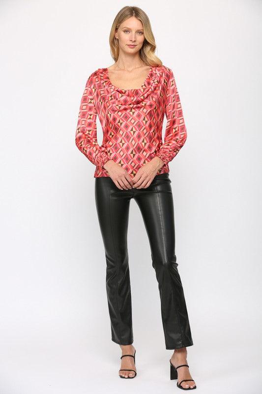 print satin cowl neck long sleeve blouse - RK Collections Boutique