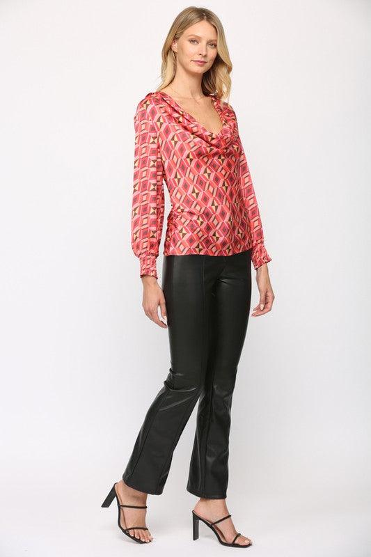 print satin cowl neck long sleeve blouse - RK Collections Boutique