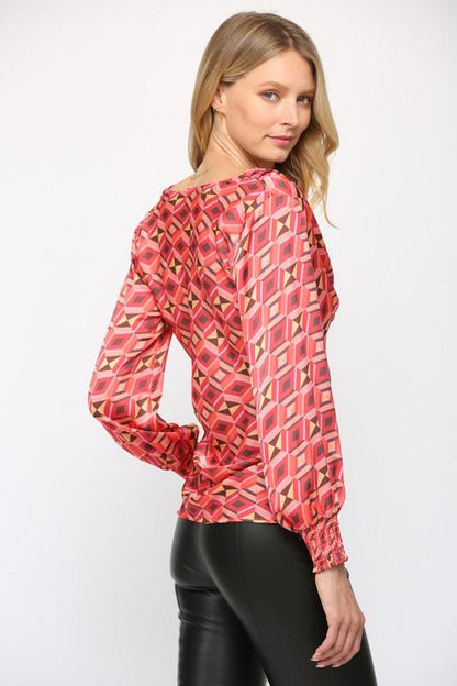 print satin cowl neck long sleeve blouse - RK Collections Boutique