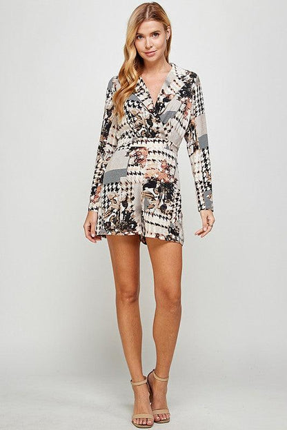 patchwork houndstooth collared long sleeve surplice romper - RK Collections Boutique