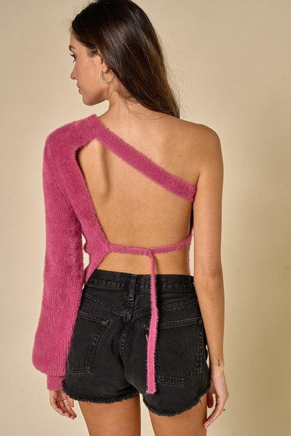 open back one sleeve fuzzy crop sweater - RK Collections Boutique