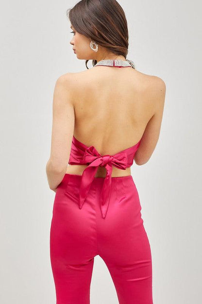 rhinestone neck satin tie back halter top - RK Collections Boutique