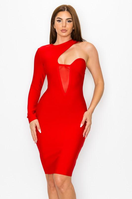 sheer inset one sleeve bandage dress - RK Collections Boutique