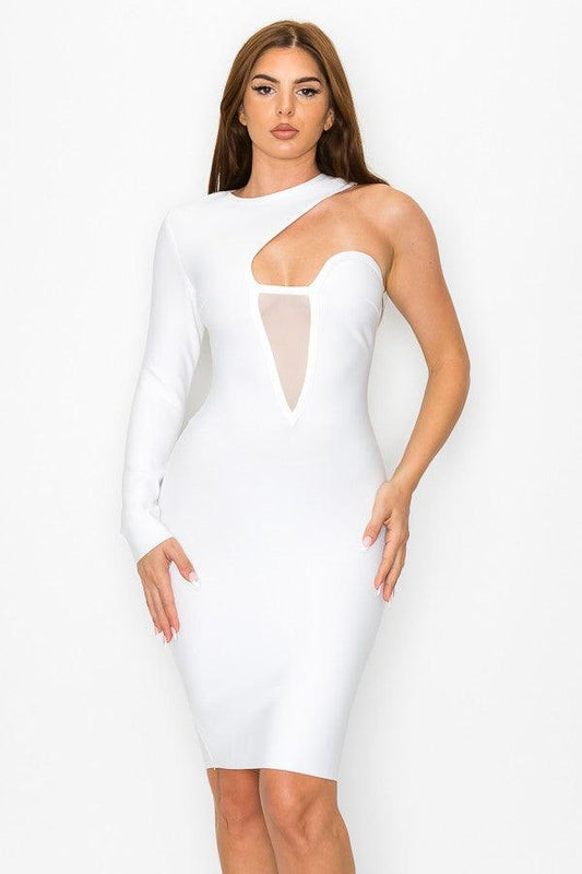 sheer inset one sleeve bandage dress - RK Collections Boutique