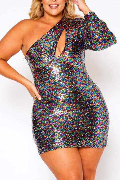 Plus One Shoulder Sequin Mini Dress