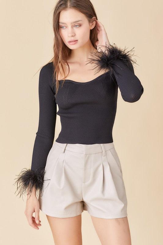 feather cuff ribbed long sleeve top - RK Collections Boutique