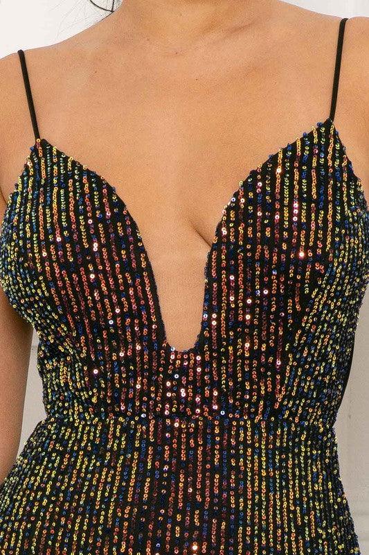 sequin deep plunge tie back sleeveless mini dress - RK Collections Boutique