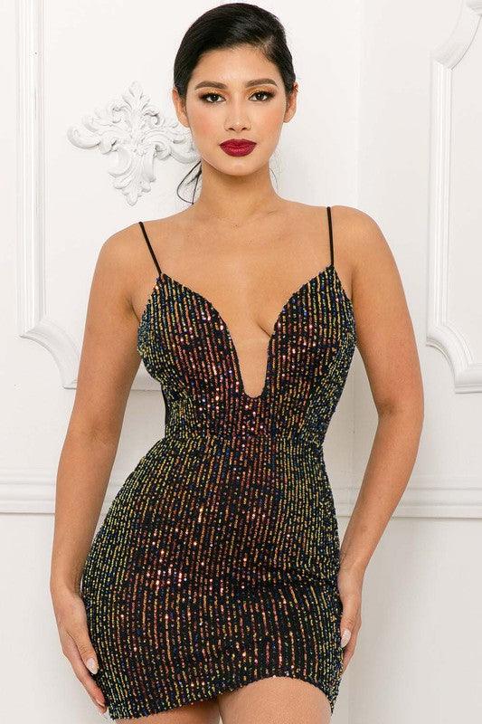 sequin deep plunge tie back sleeveless mini dress - RK Collections Boutique