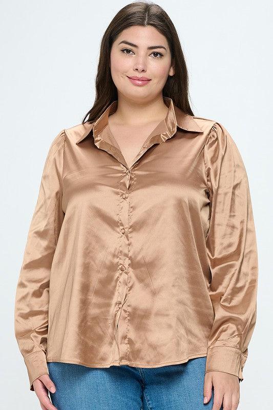 PLUS Satin Button Down Long Sleeve Blouse - RK Collections Boutique