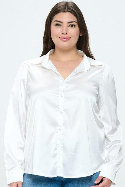 PLUS Satin Button Down Long Sleeve Blouse - RK Collections Boutique