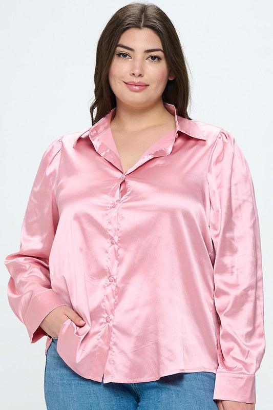 PLUS Satin Button Down Long Sleeve Blouse - RK Collections Boutique