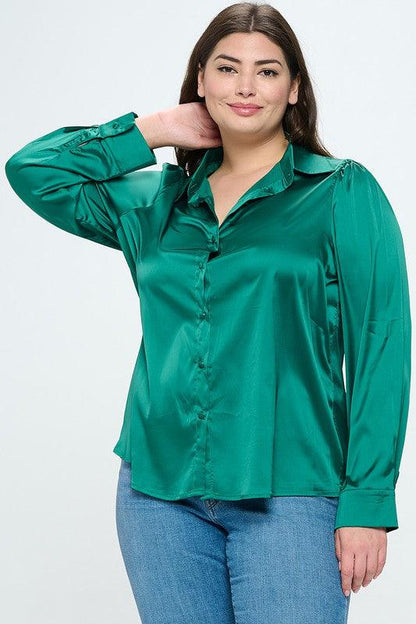 PLUS Satin Button Down Long Sleeve Blouse - RK Collections Boutique