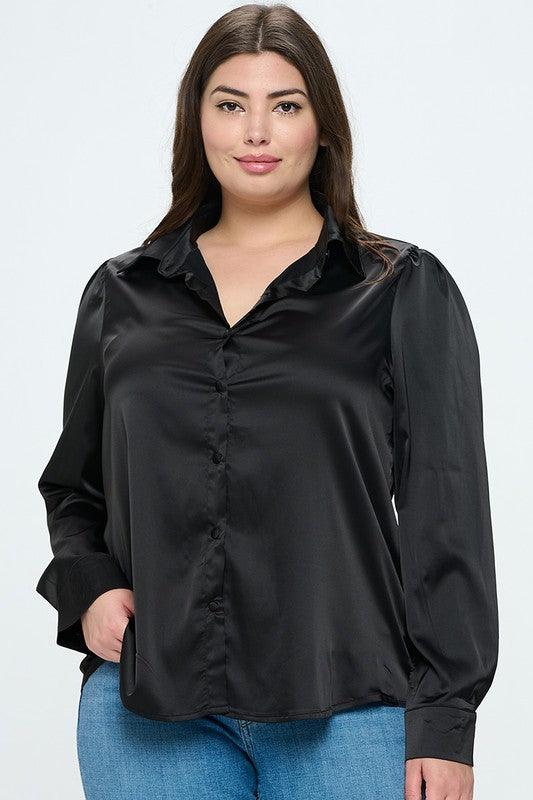 PLUS Satin Button Down Long Sleeve Blouse - RK Collections Boutique