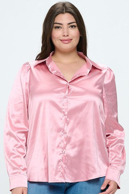 PLUS Satin Button Down Long Sleeve Blouse - RK Collections Boutique