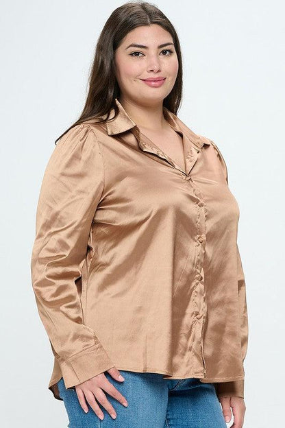 PLUS Satin Button Down Long Sleeve Blouse - RK Collections Boutique