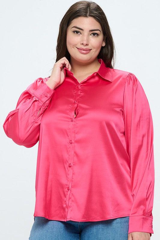 PLUS Satin Button Down Long Sleeve Blouse - RK Collections Boutique