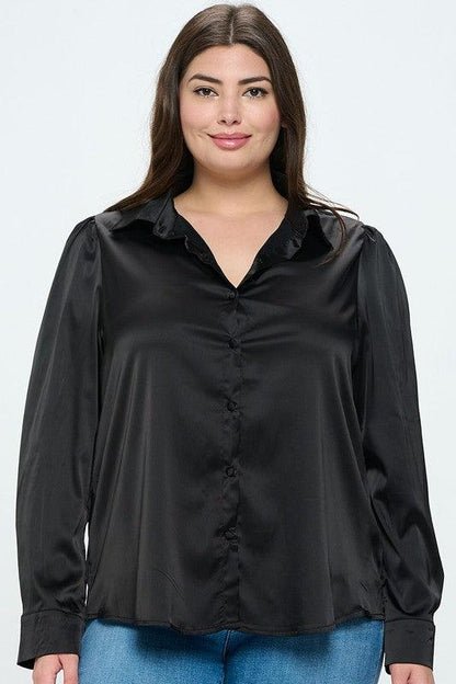 PLUS Satin Button Down Long Sleeve Blouse - RK Collections Boutique