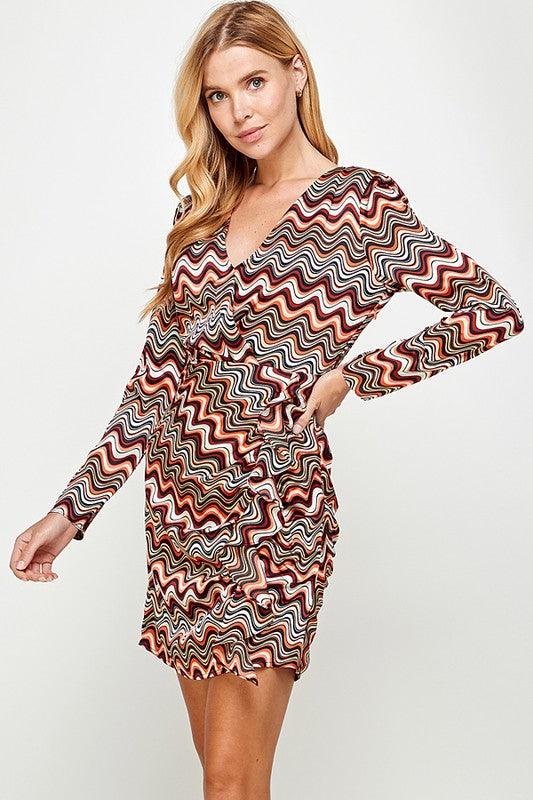 long sleeve wavy print surplice dress - RK Collections Boutique