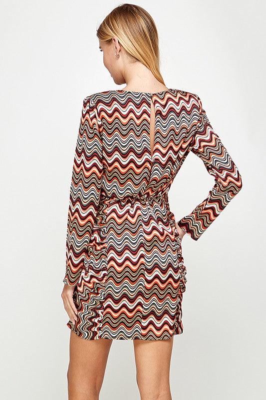 long sleeve wavy print surplice dress - RK Collections Boutique