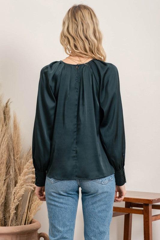 satin crew neck button cuff blouse - RK Collections Boutique