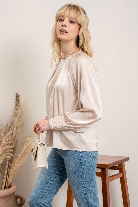 satin crew neck button cuff blouse - RK Collections Boutique