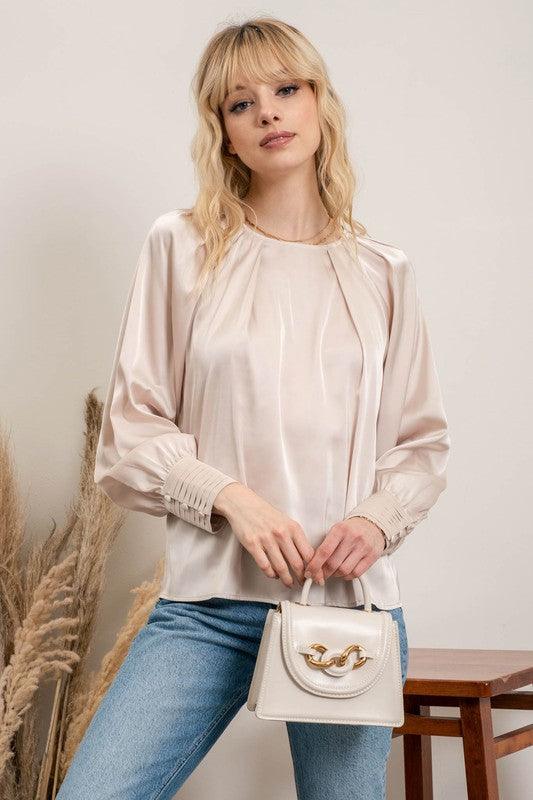 satin crew neck button cuff blouse - RK Collections Boutique